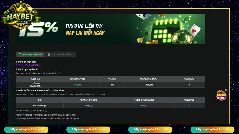 Thưởng Nạp Lại Mỗi Ngày Lên Đến 15% Tại Nhà Cái Haybet